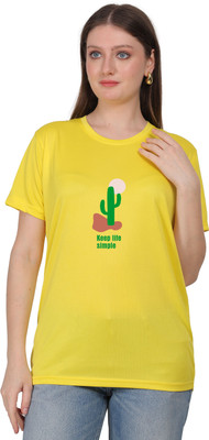 febb Graphic Print Women Round Neck Yellow T-Shirt