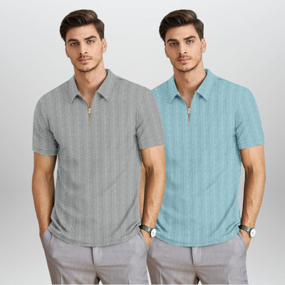 BROWEARS Self Design Men Polo Neck Grey, Light Blue T-Shirt