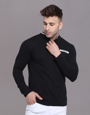 Blisstone Solid Men Mandarin Collar Black T-Shirt