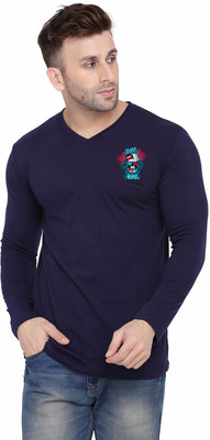 Blisstone Solid, Printed Men V Neck Dark Blue T-Shirt