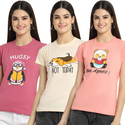Fabflee Printed Women Round Neck Multicolor T-Shirt