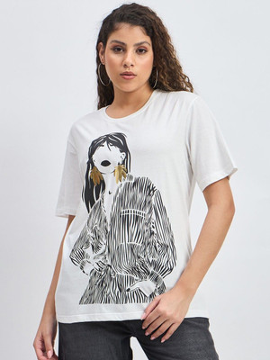 Mast & Harbour Printed Women Round Neck White T-Shirt
