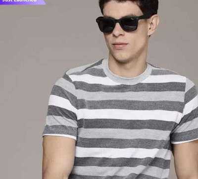 Roadster Striped Men Round Neck Grey T-Shirt