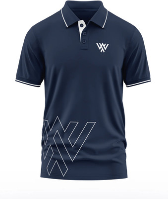 Warriorworld Solid Men Polo Neck Navy Blue T-Shirt