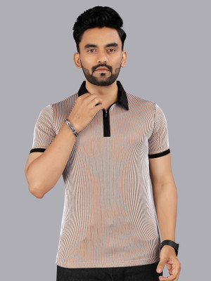 FTX Striped Men Zip Neck Beige T-Shirt
