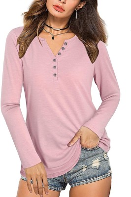 Boldwink Solid Women V Neck Pink T-Shirt