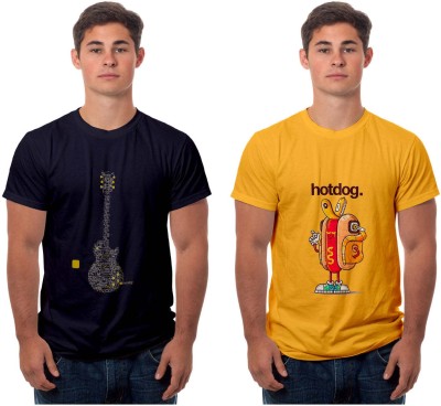 Boodbuck Printed Men Round Neck Navy Blue, Gold T-Shirt