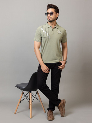 RosyRains Printed Men Polo Neck Light Green T-Shirt