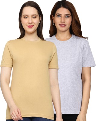 AODACH Solid Women Round Neck Beige, Grey T-Shirt