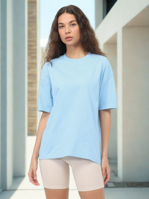 NOBERO Solid Women Round Neck Light Blue T-Shirt