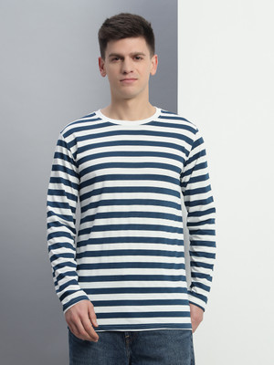 METRONAUT Striped Men Round Neck Dark Blue, White T-Shirt