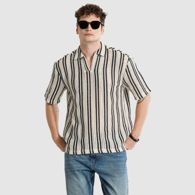 Snitch Striped Men Polo Neck Beige T-Shirt