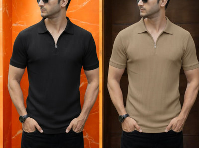 DSV Self Design Men Polo Neck Grey, Beige T-Shirt