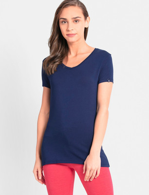 JOCKEY Solid Women V Neck Blue T-Shirt