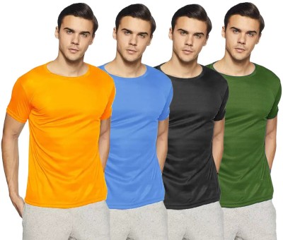 Femto Solid Men Round Neck Yellow, Light Blue, Black, Dark Green T-Shirt