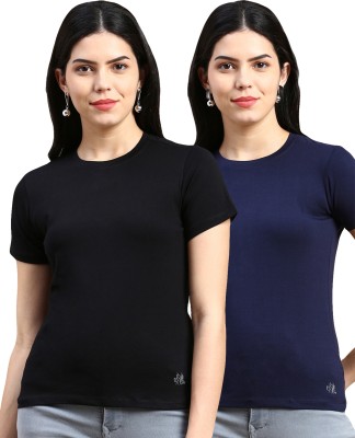 ONLY SHE Solid Women Round Neck Navy Blue, Black T-Shirt