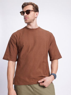Glitchez Solid Men Round Neck Brown T-Shirt