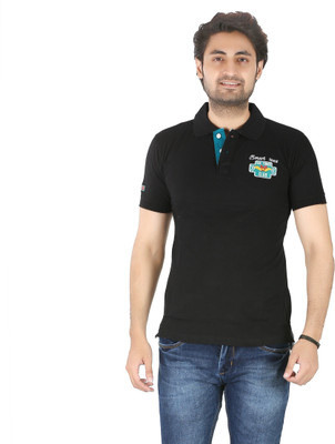 AWACK Solid Men Polo Neck Black T-Shirt