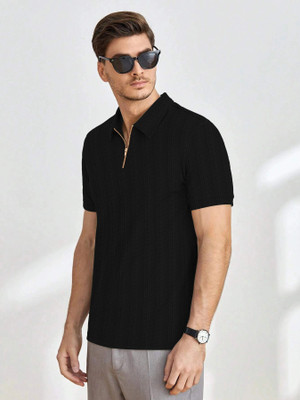 TELOXY Self Design Men Polo Neck Black T-Shirt
