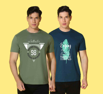WOOSTRO Printed Men Round Neck Blue, Green T-Shirt