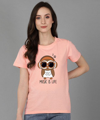 Adyavastram Printed Women Round Neck Pink T-Shirt