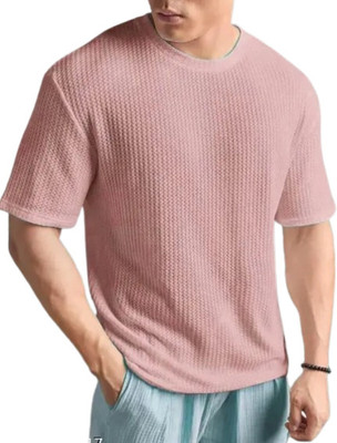 BOOM BAAM Self Design Men Round Neck Orange T-Shirt