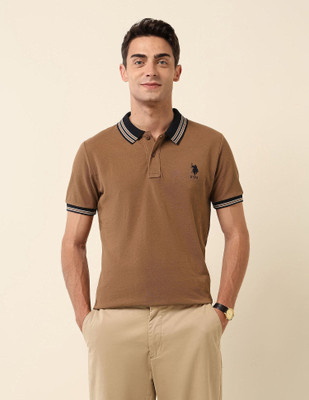 U.S. POLO ASSN. Solid Men Polo Neck Brown T-Shirt