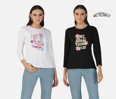 METRONAUT Printed Women Round Neck White, Black T-Shirt