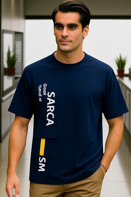 Autna Typography Men Round Neck Navy Blue T-Shirt