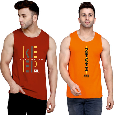 SLOWLORIS Printed Men Round Neck Maroon, Orange T-Shirt