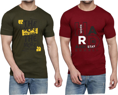 WOOSTRO Printed Men Round Neck Dark Green, Maroon T-Shirt