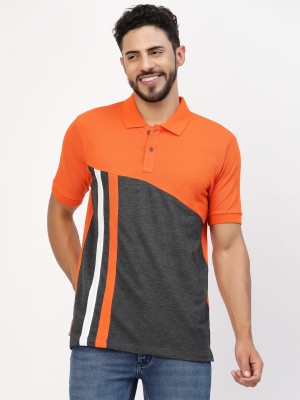 KALT Colorblock, Striped Men Polo Neck Silver, Orange T-Shirt