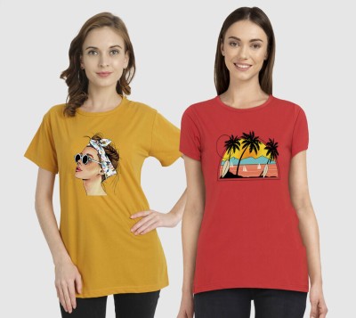 METRONAUT Printed Women Round Neck Yellow, Red T-Shirt