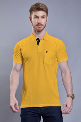 3BROS Solid Men Polo Neck Gold T-Shirt