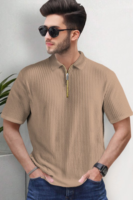 TRIPR Striped Men Polo Neck Beige T-Shirt