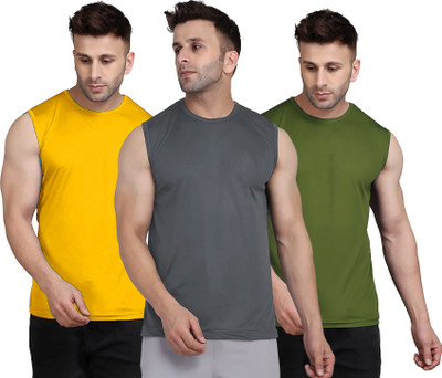 UDI n ADI Solid Men Round Neck Grey, Yellow, Dark Green T-Shirt