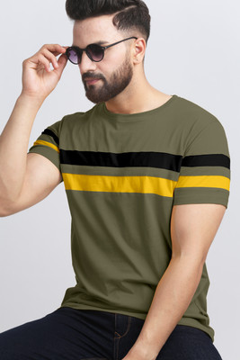 AOOSH Striped Men Round Neck Dark Green, Black, Yellow T-Shirt