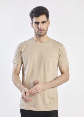 LONDON COLORS Solid Men Round Neck Beige T-Shirt