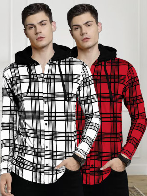 EyeBogler Striped Men Hooded Neck White, Red T-Shirt