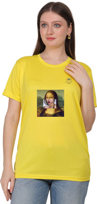 SOLBLOOMS Printed Women Round Neck Yellow T-Shirt