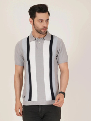 DAVNO Striped Men Polo Neck Grey T-Shirt