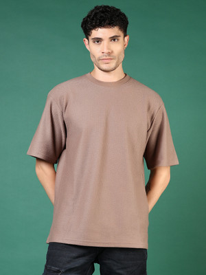 V-MART Solid Men Round Neck Beige T-Shirt