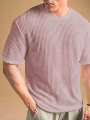 stylesmyth Self Design Men Round Neck Pink T-Shirt