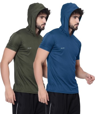 UDI n ADI Solid Men Hooded Neck Dark Green, Dark Blue T-Shirt