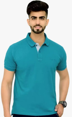 MSSHRICH Solid Men Polo Neck Blue T-Shirt