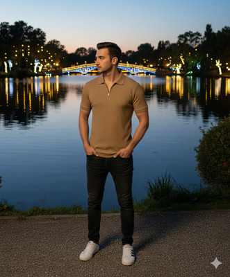 The Stanch Self Design Men Polo Neck Beige T-Shirt