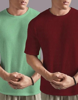R ARHAN Self Design Men Round Neck Light Green, Maroon T-Shirt