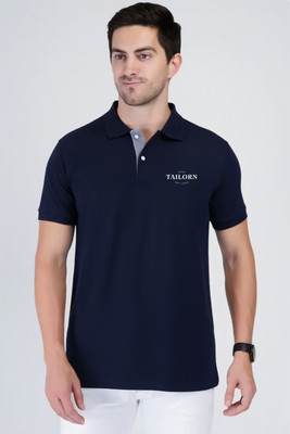 Tailorn Printed Men Polo Neck Navy Blue T-Shirt