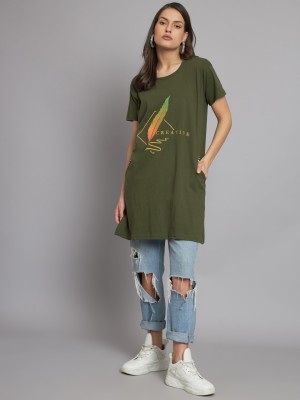 AD FASHION Printed Women Round Neck Dark Green T-Shirt