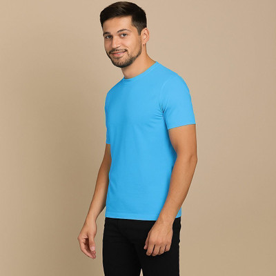 firrach Solid Men Round Neck Blue T-Shirt